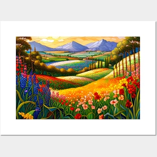 Stained Glass Colorful Mountain Meadow Posters and Art